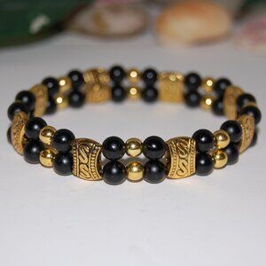 Onyx Stone Bracelet,Double Beaded Bracelet,Black and Gold Bracelet